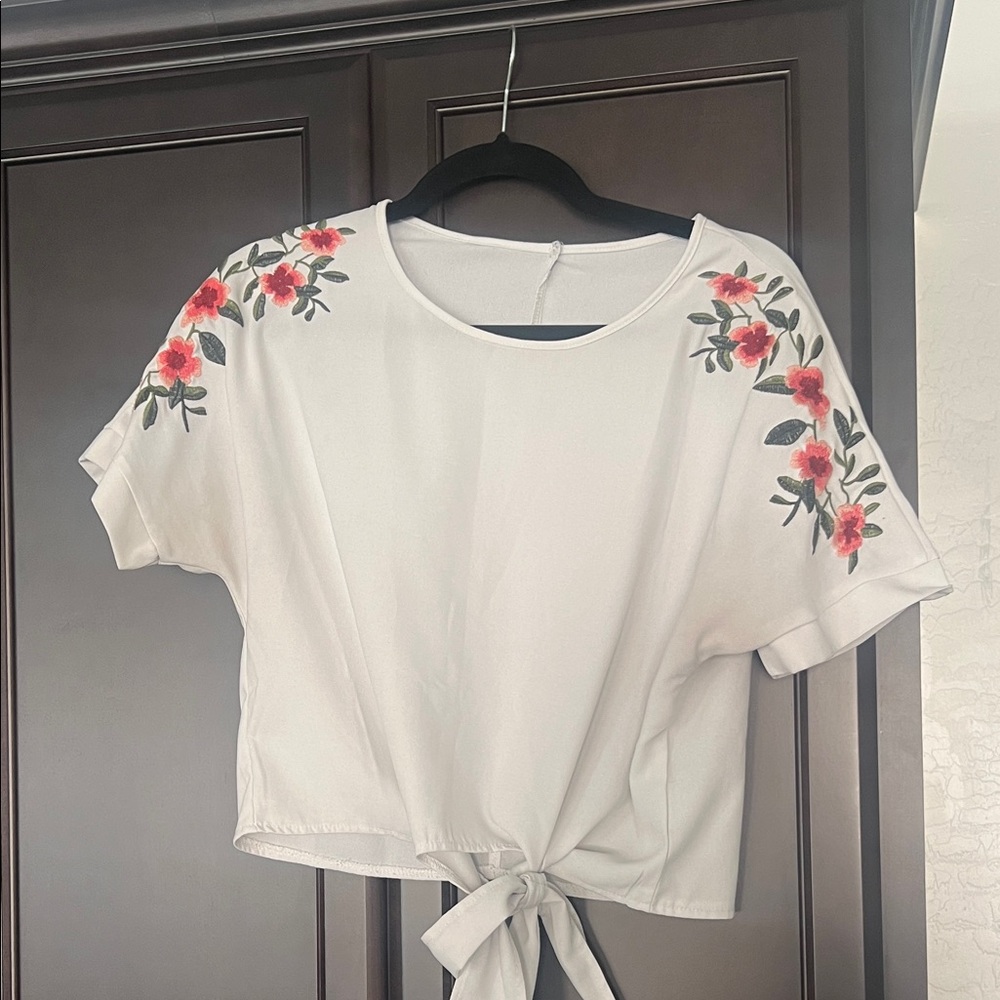 White Floral Tie-Front Women's Top